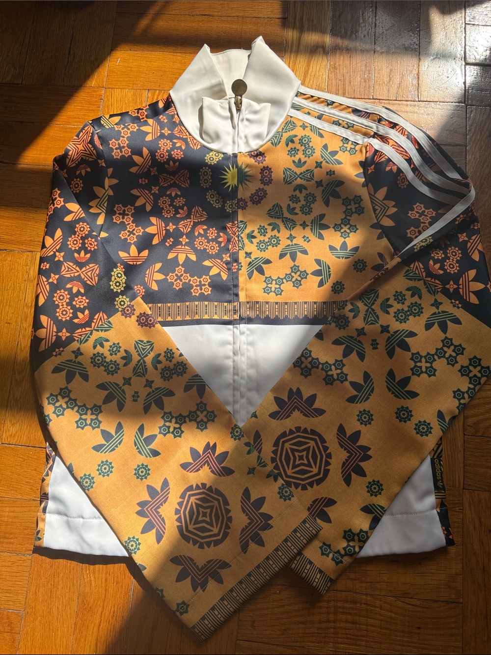 adidas Floral Mosaic Bomber Jacket in Gold, Black & White